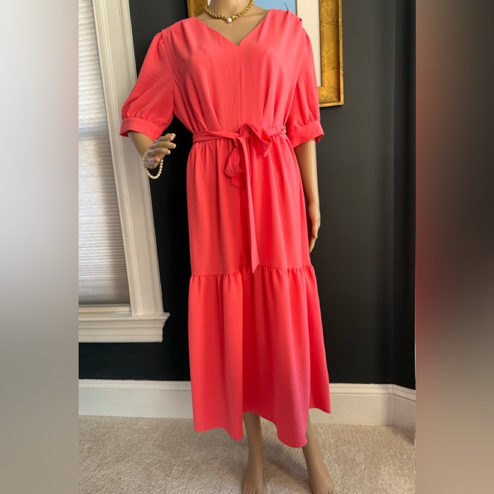 DKNY Coral Midi Dress with Waist Tie